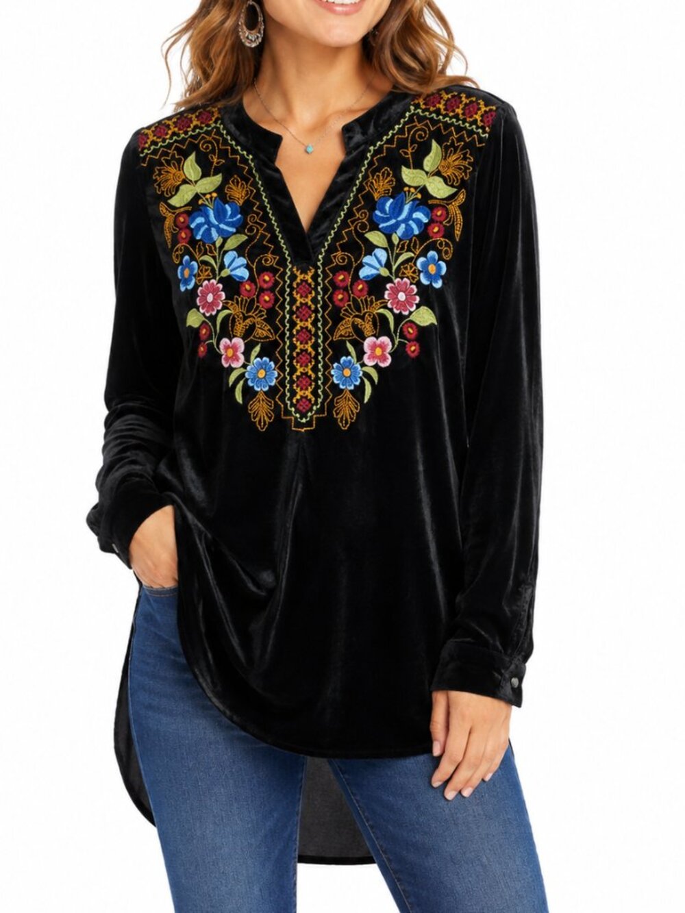 ROPER Floral Embroidered Velvet Tunic Top Black Small Elastic Waist Boho Western